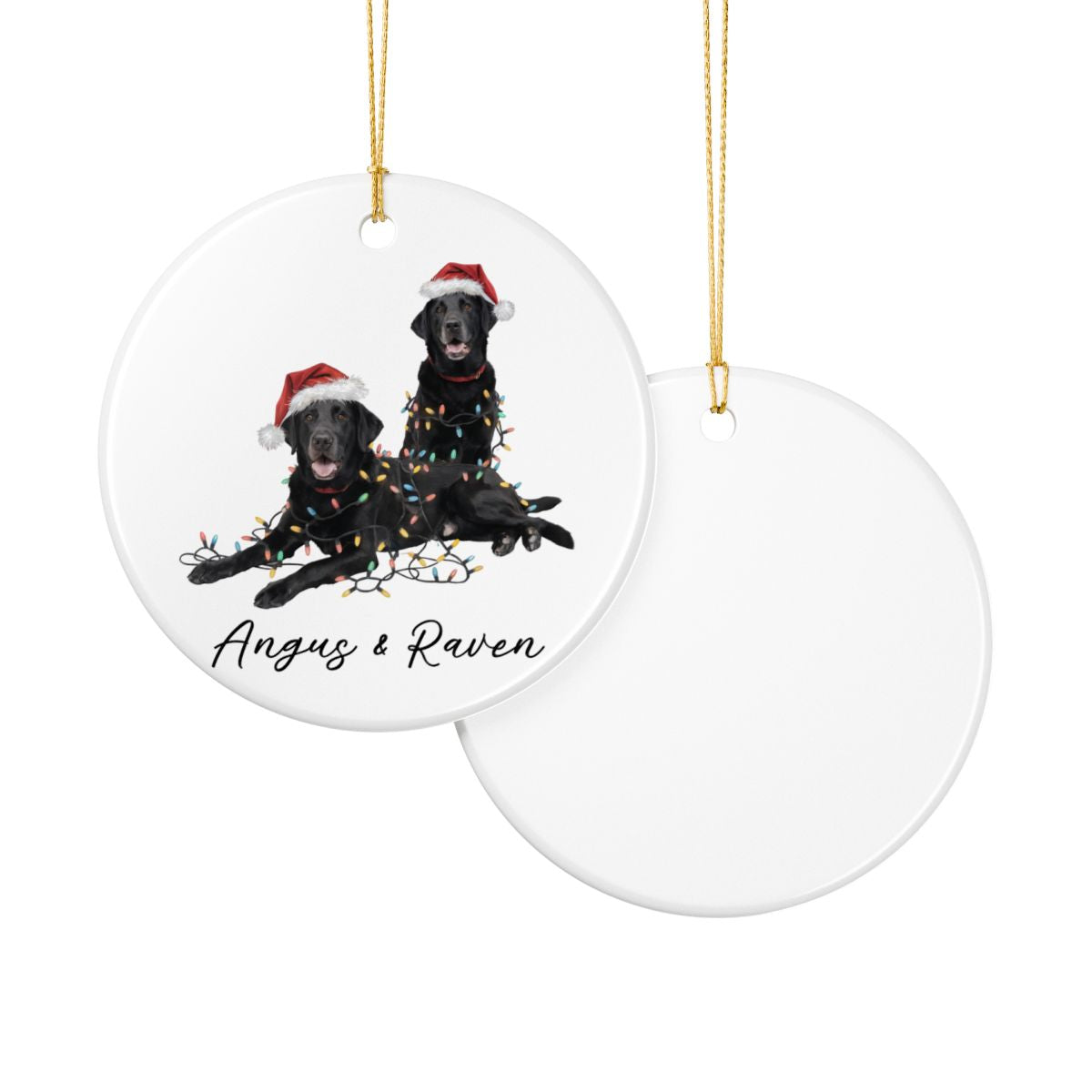 Personalized Black Lab Christmas Ornament: Festive Dog Duo with Lights, Ceramic Keepsake