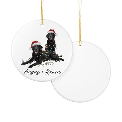 Personalized Black Lab Christmas Ornament: Festive Dog Duo with Lights, Ceramic Keepsake