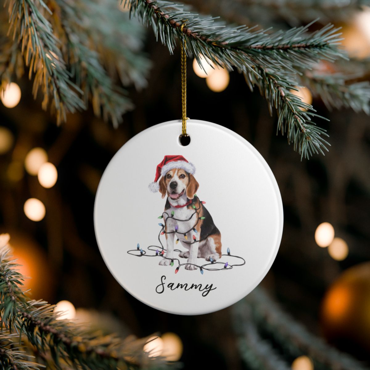 Personalized Beagle Christmas Ornament, Ceramic Dog Holiday Keepsake, Santa Hat Lights Beagle