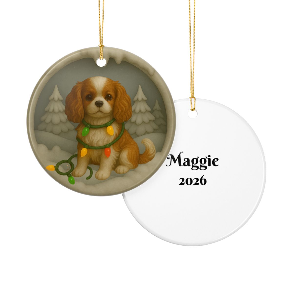 Personalizable Blenheim Cavalier King Charles Christmas Ornament, Custom Cavie with Holiday Lights Keepsake