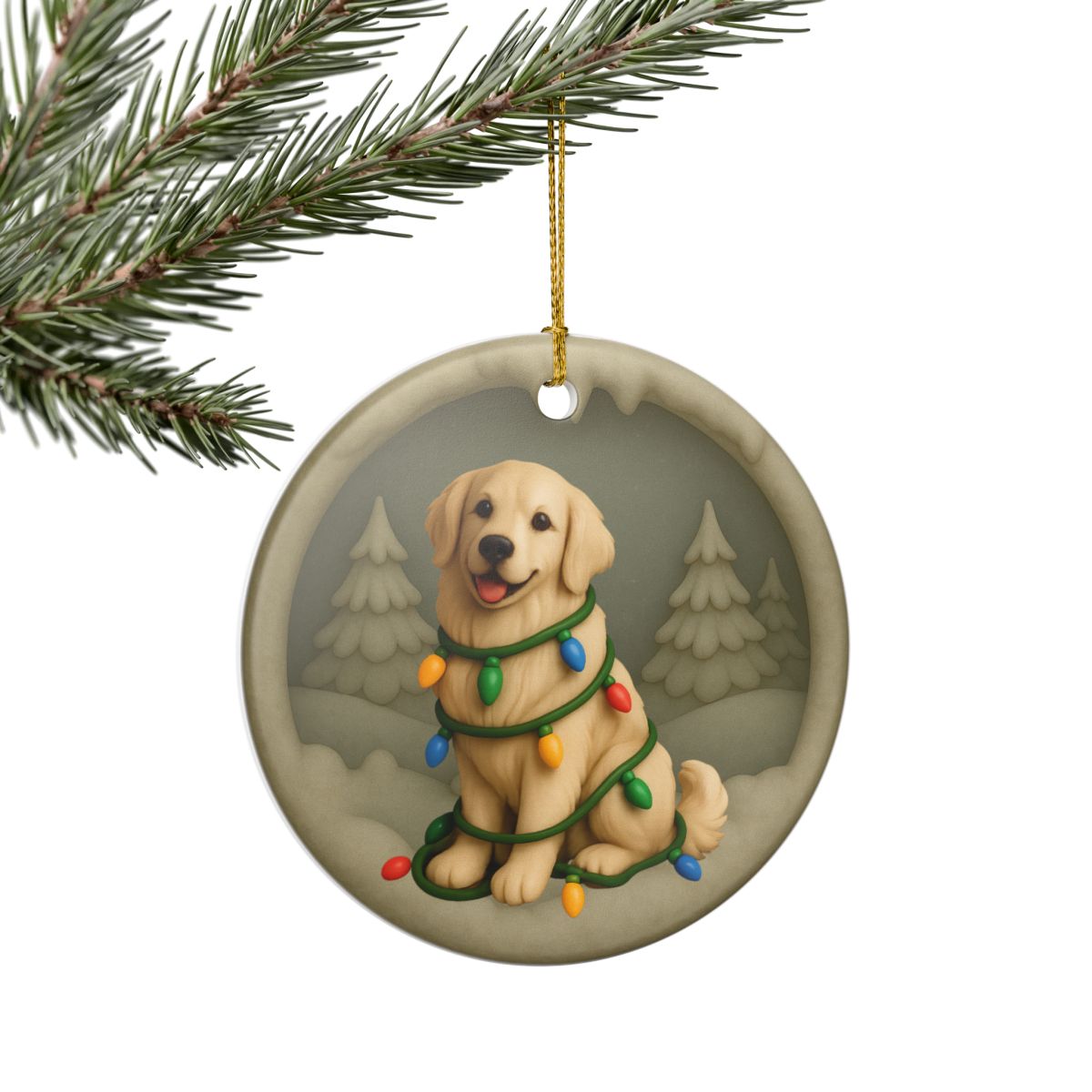 Personalized English Cream Golden Retriever Christmas Ornament, Custom Golden with Holiday Lights Keepsake