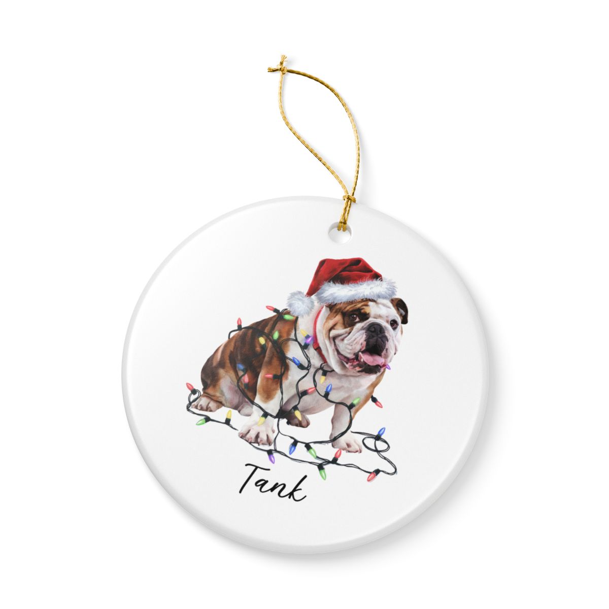 Personalized Bulldog Christmas Ornament, Ceramic Dog Lover Keepsake, Festive Lights Decoration