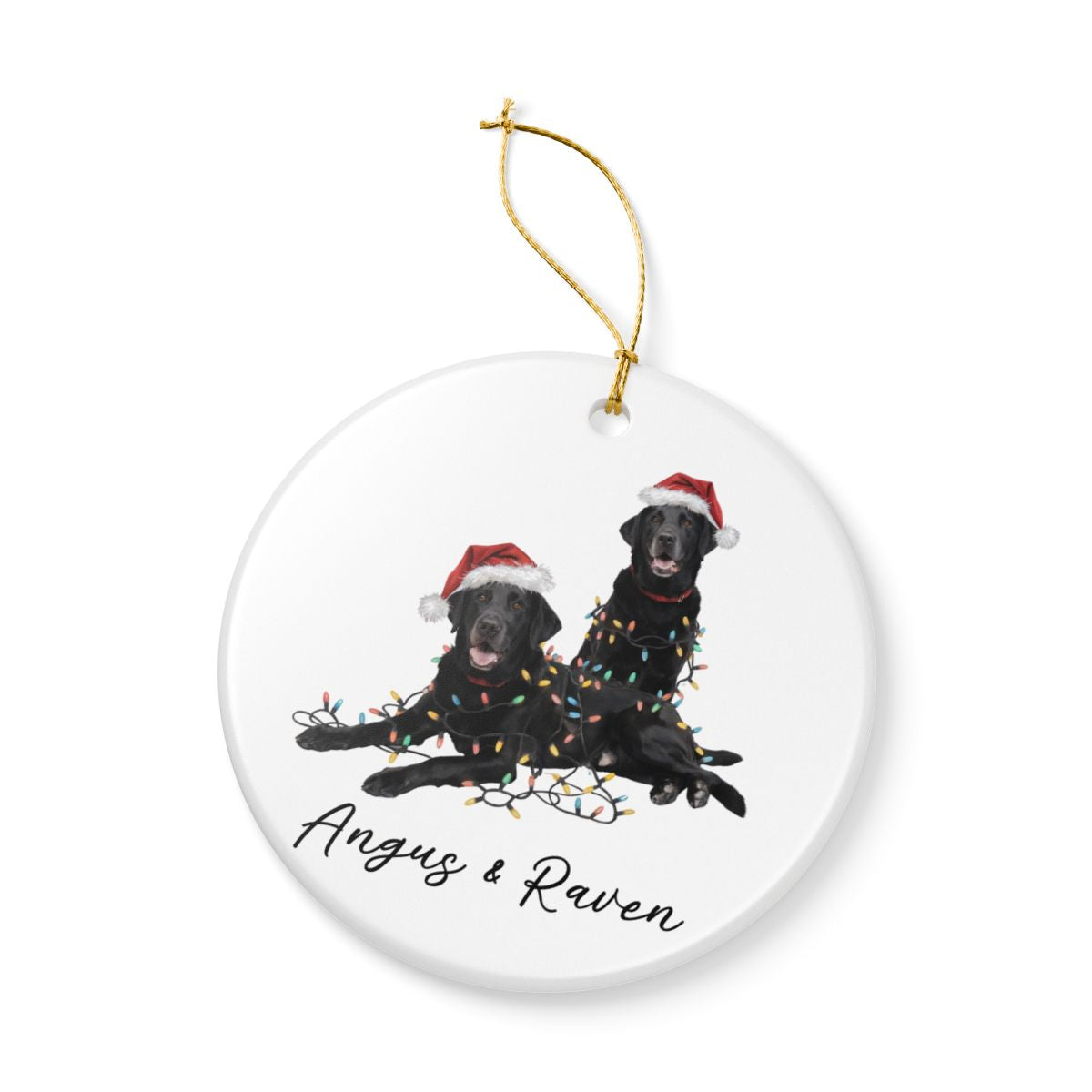 Personalized Black Lab Christmas Ornament: Festive Dog Duo with Lights, Ceramic Keepsake