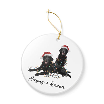 Personalized Black Lab Christmas Ornament: Festive Dog Duo with Lights, Ceramic Keepsake