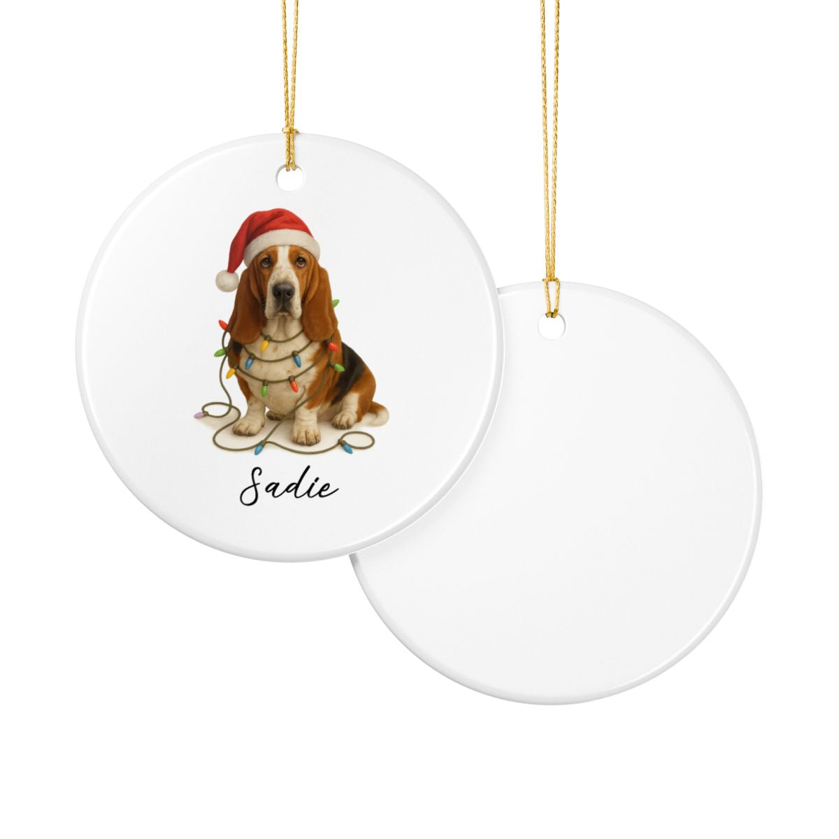 Personalized Basset Hound Christmas Ornament, Ceramic Dog Decor, Santa Hat Lights Keepsake