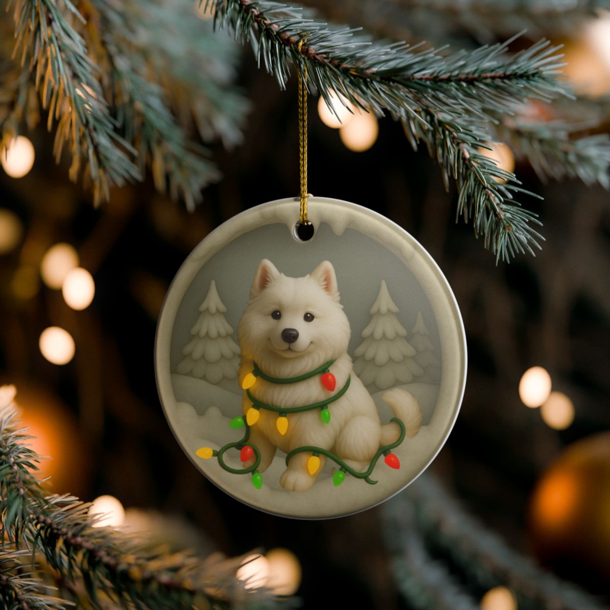 Personalized Samoyed Christmas Ornament, 3D Clay-Style Dog Keepsake with Lights