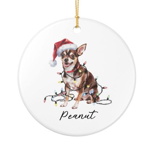 Personalized Black Chihuahua Christmas Ornament, Santa Hat Lights Ceramic Keepsake