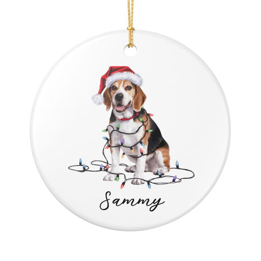 Personalized Beagle Christmas Ornament, Ceramic Dog Holiday Keepsake, Santa Hat Lights Beagle