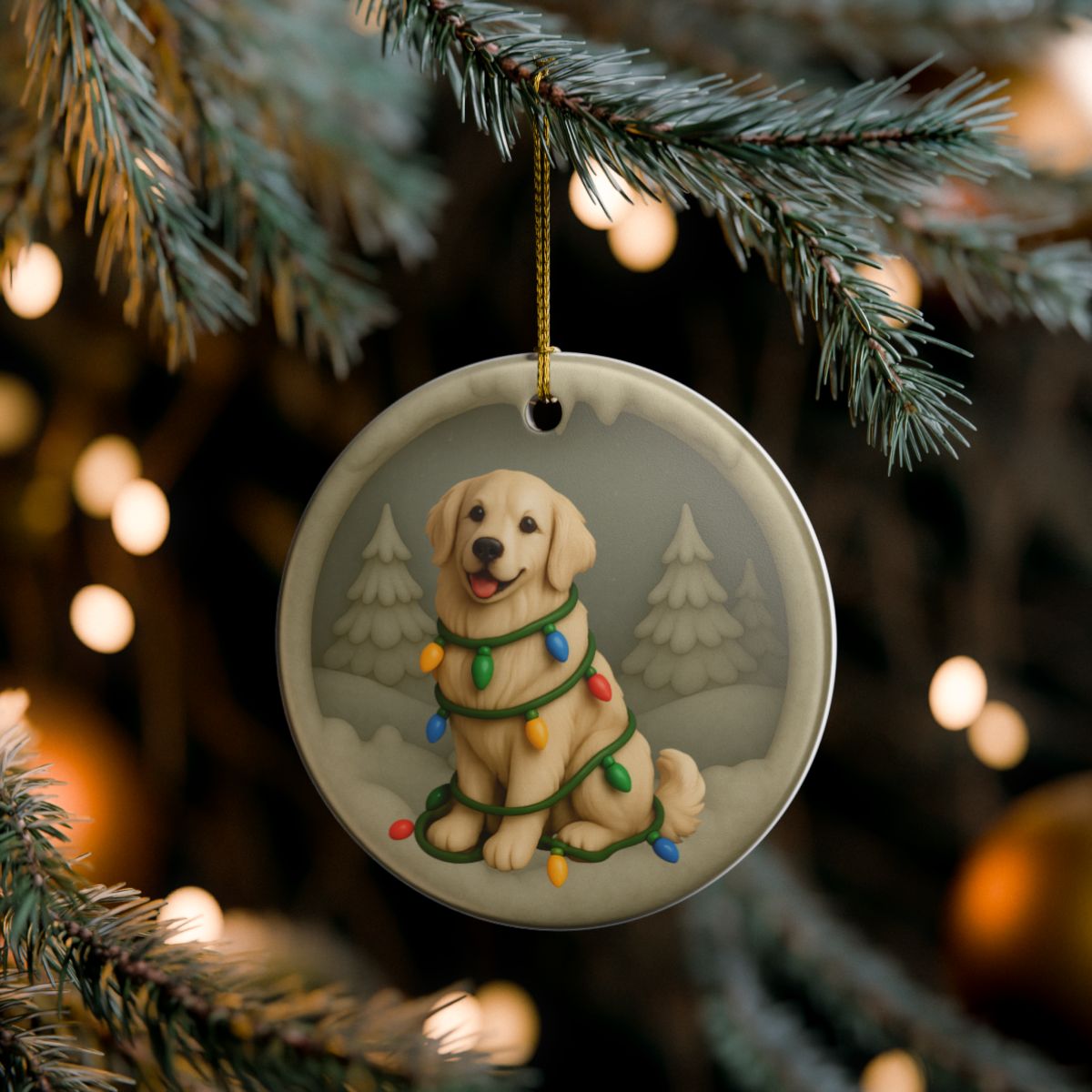 Personalized English Cream Golden Retriever Christmas Ornament, Custom Golden with Holiday Lights Keepsake