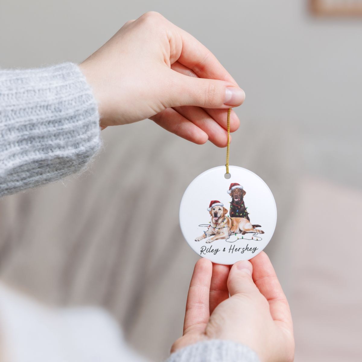 Chocolate and Yellow Labradors Ornament, Personalized Dog Christmas Decor