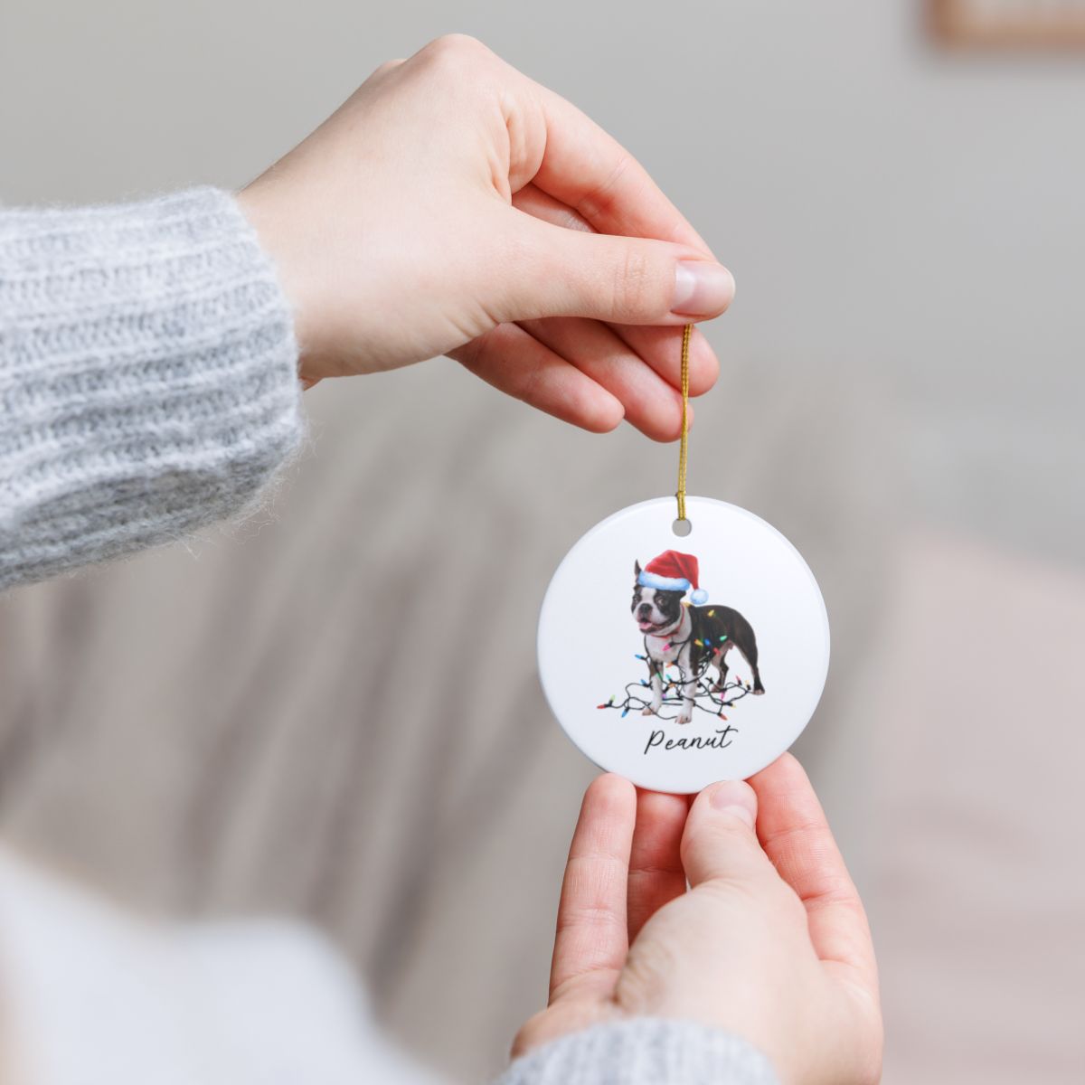 Personalized Boston Terrier Christmas Ornament, Ceramic Dog Lover Gift, Festive Lights Tree Decor