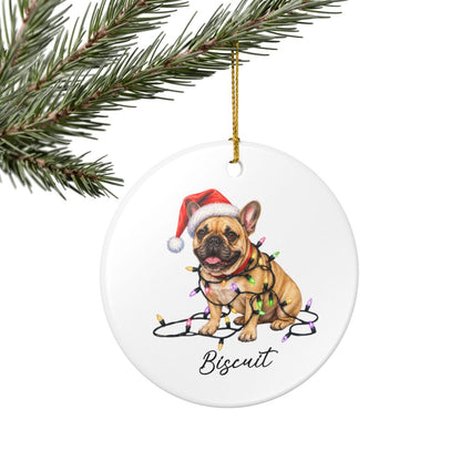 Personalized Fawn French Bulldog Ceramic Ornament, Dog Christmas Gift, Festive Lights Keepsake
