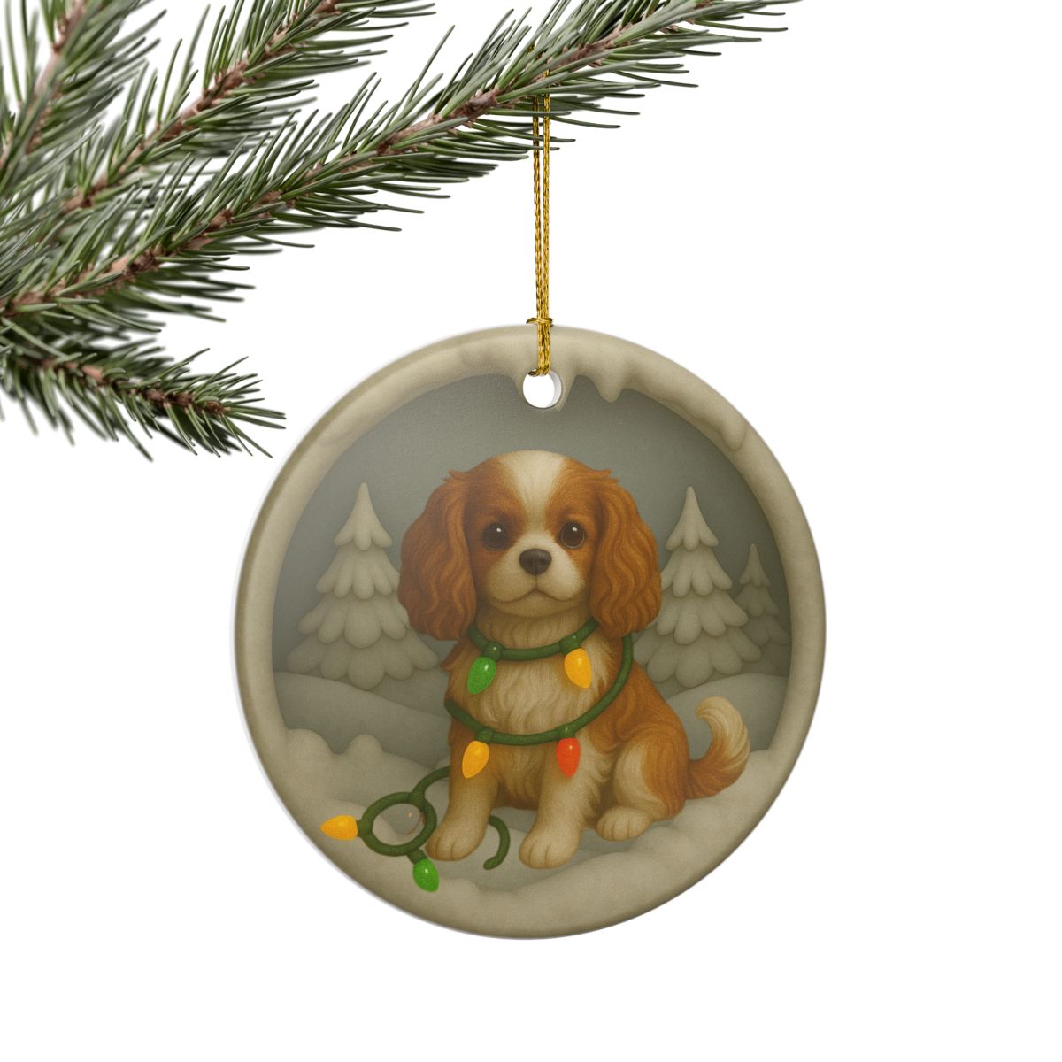 Personalizable Blenheim Cavalier King Charles Christmas Ornament, Custom Cavie with Holiday Lights Keepsake