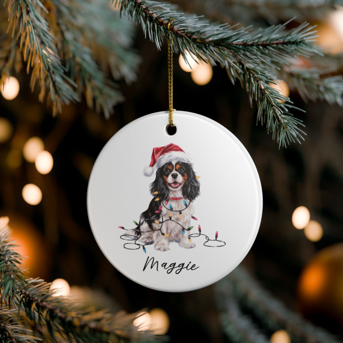 Personalized Tricolor Cavalier King Charles Spaniel Christmas Ornament, Ceramic Dog Lover Gift
