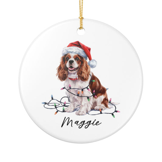 Personalized Blenheim Cavalier King Charles Spaniel Christmas Ornament, Tangled Lights Ceramic Keepsake