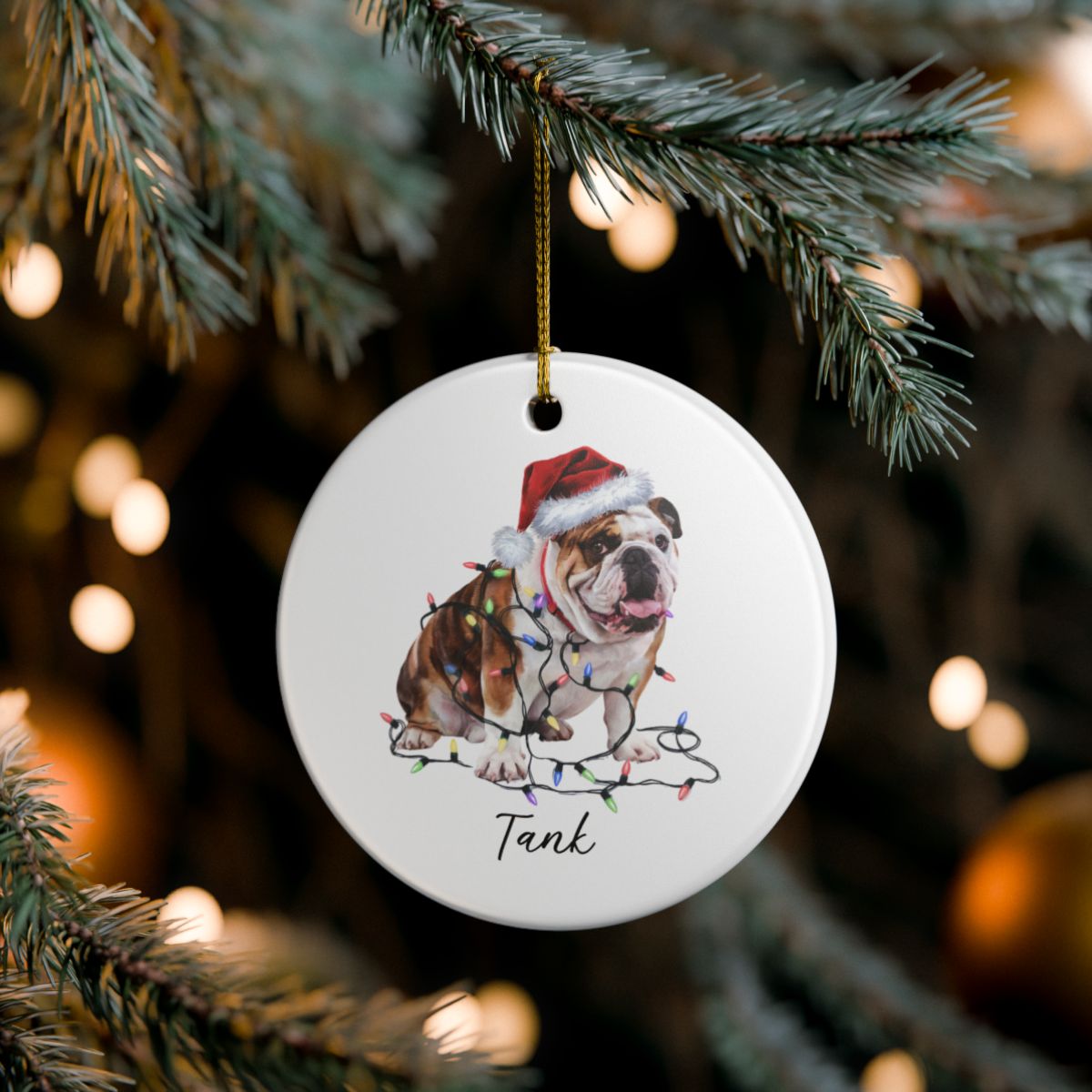 Personalized Bulldog Christmas Ornament, Ceramic Dog Lover Keepsake, Festive Lights Decoration