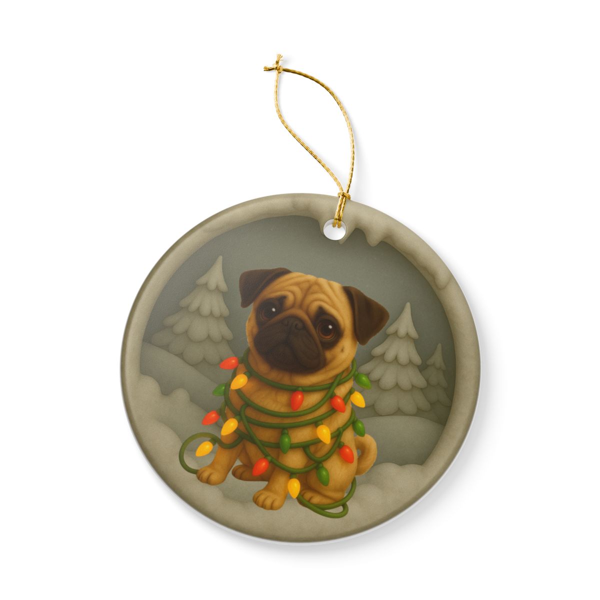 Personalized Tan Pug Christmas Ornament, 3D Clay-Style Dog Keepsake with Lights