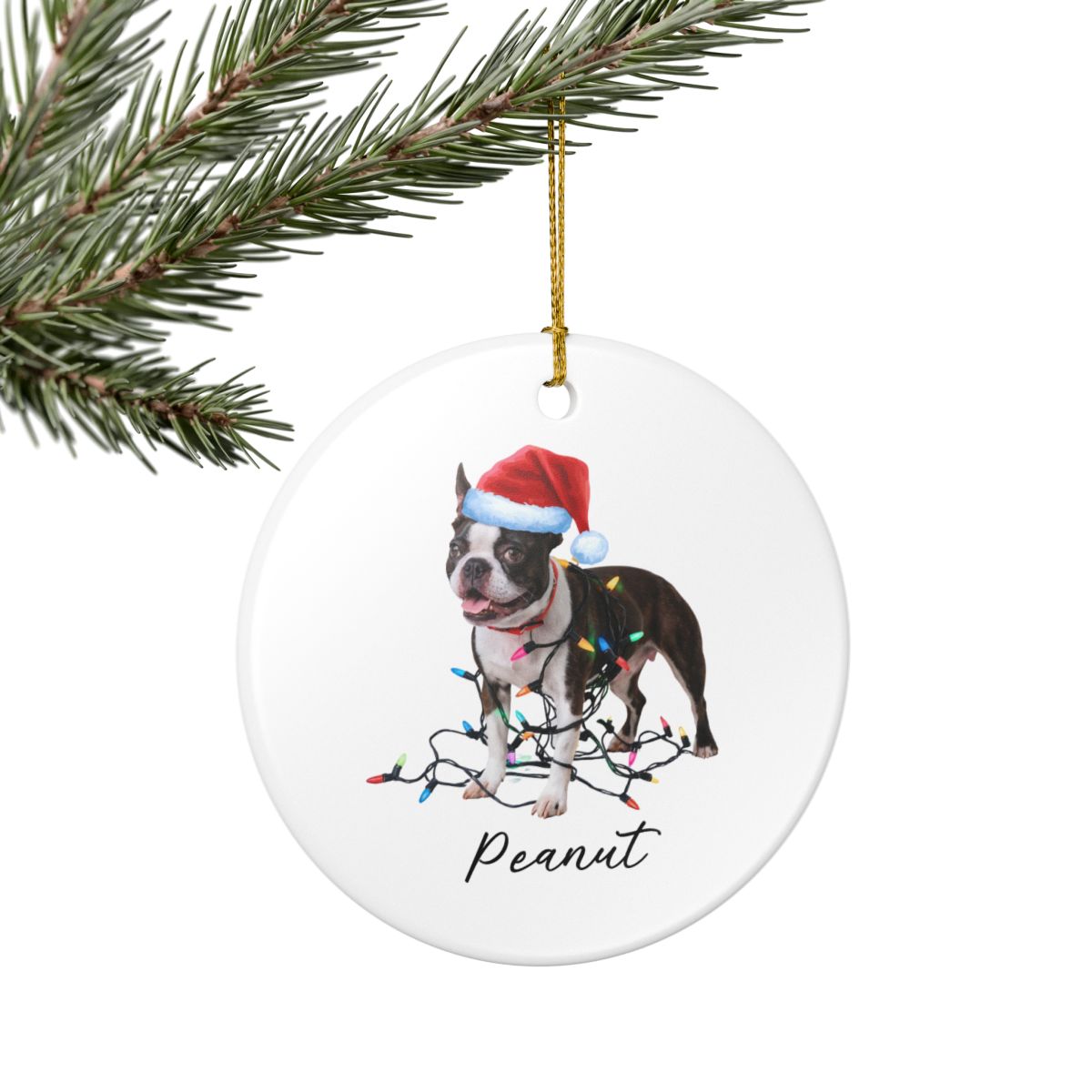 Personalized Boston Terrier Christmas Ornament, Ceramic Dog Lover Gift, Festive Lights Tree Decor
