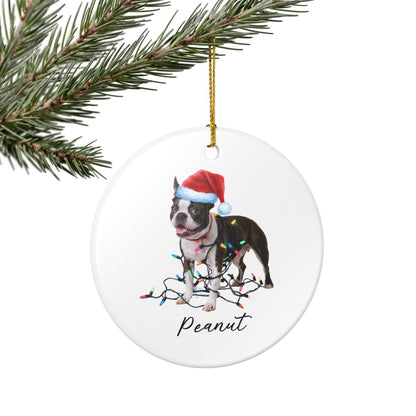 Personalized Boston Terrier Christmas Ornament, Ceramic Dog Lover Gift, Festive Lights Tree Decor