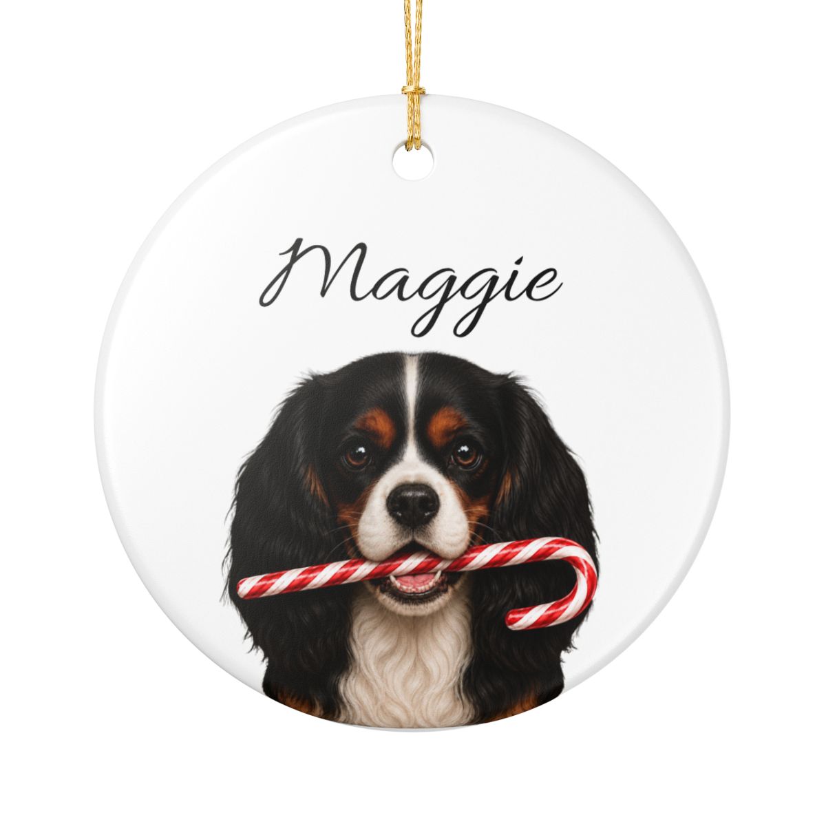 Personalized Tricolor Cavalier Candy Cane Ornament