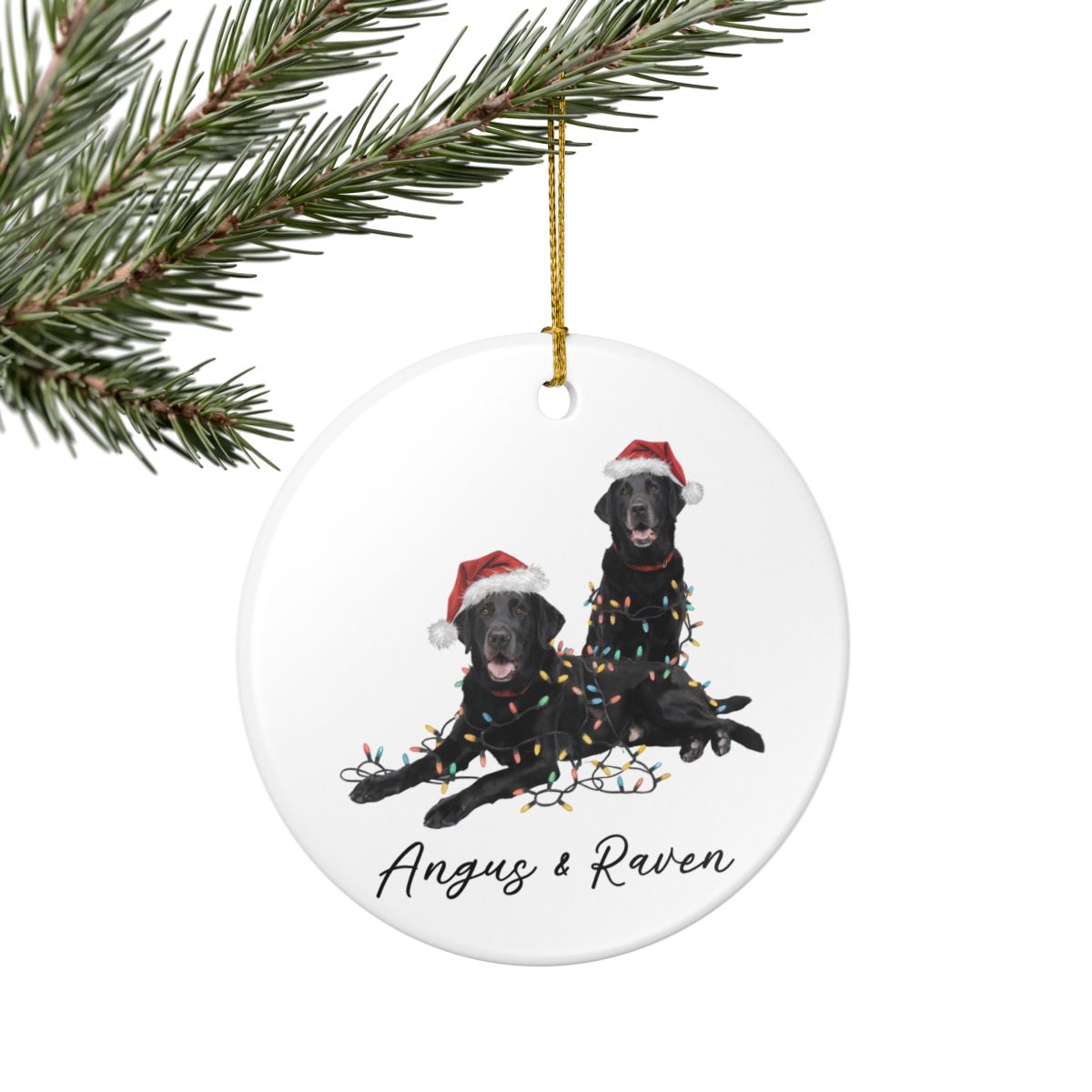 Personalized Black Lab Christmas Ornament: Festive Dog Duo with Lights, Ceramic Keepsake