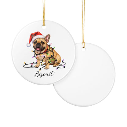 Personalized Fawn French Bulldog Ceramic Ornament, Dog Christmas Gift, Festive Lights Keepsake