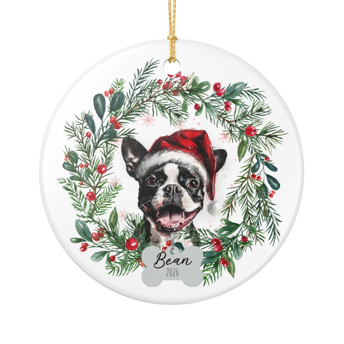 Personalized Boston Terrier Christmas Wreath Ornament