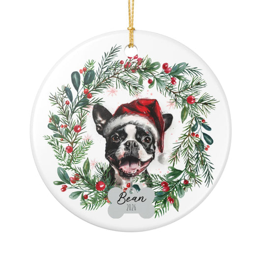 Personalized Boston Terrier Christmas Wreath Ornament