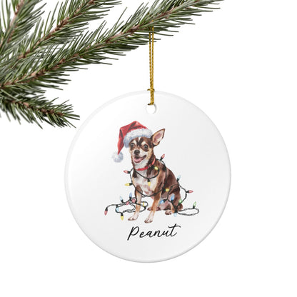 Personalized Black Chihuahua Christmas Ornament, Santa Hat Lights Ceramic Keepsake