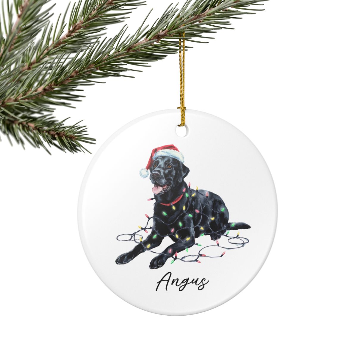 Personalized Black Labrador Christmas Ornament, Ceramic Dog Keepsake, Festive Lights Lab
