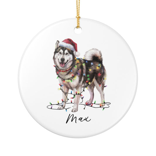 Personalized Alaskan Malamute Christmas Ornament, Dog Name Decor, Ceramic Pet Gift