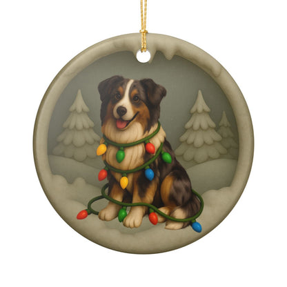 Personalizable Australian Shepherd Christmas Ornament, Custom Aussie with Holiday Lights Keepsake