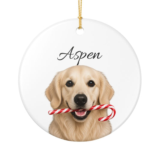 Personalized English Cream Golden Retriever Candy Cane Ornament