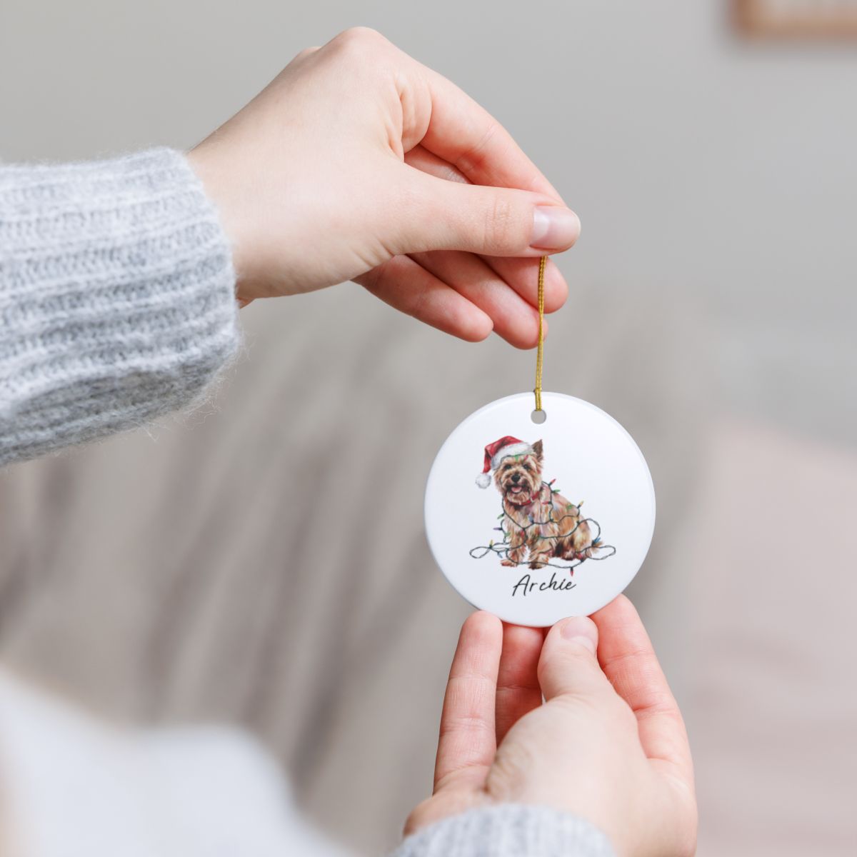 Personalized Cairn Terrier Christmas Ornament, Festive Dog Lights Keepsake, Ceramic Tree Decoration