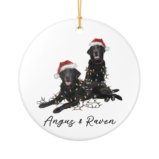 Personalized Black Lab Christmas Ornament: Festive Dog Duo with Lights, Ceramic Keepsake