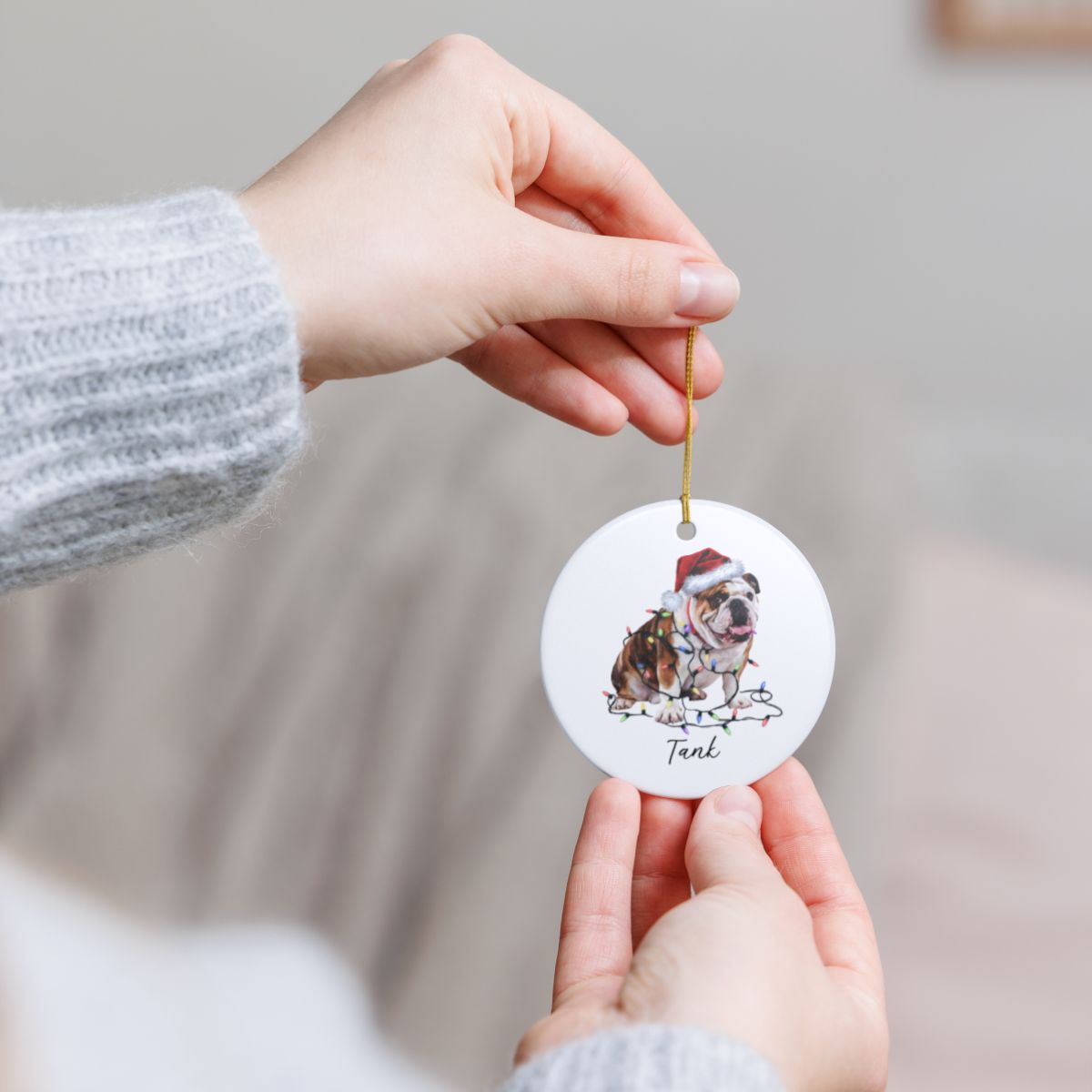Personalized Bulldog Christmas Ornament, Ceramic Dog Lover Keepsake, Festive Lights Decoration