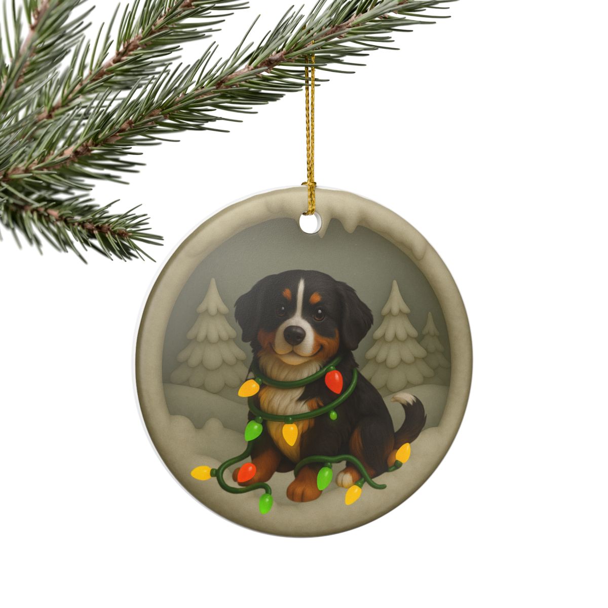 Personalized Bernese Mountain Dog Christmas Ornament, Custom Dog with Holiday Lights Keepsake