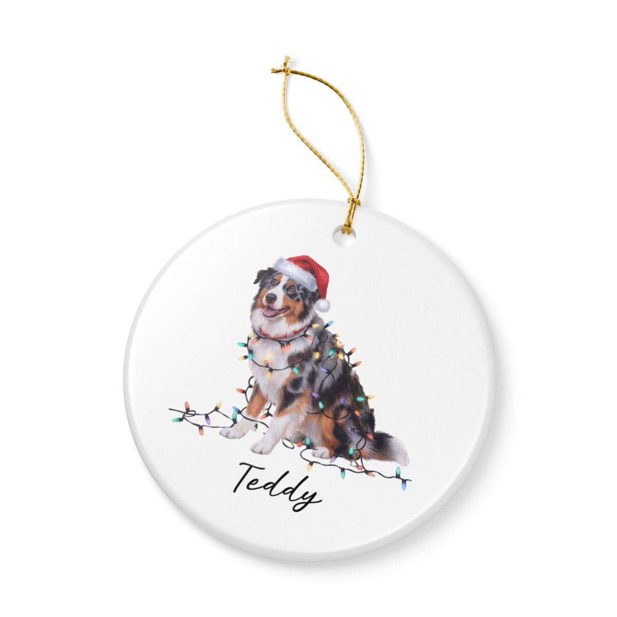 Personalized Australian Shepherd Christmas Ornament, Ceramic Dog Decor, Holiday Lights