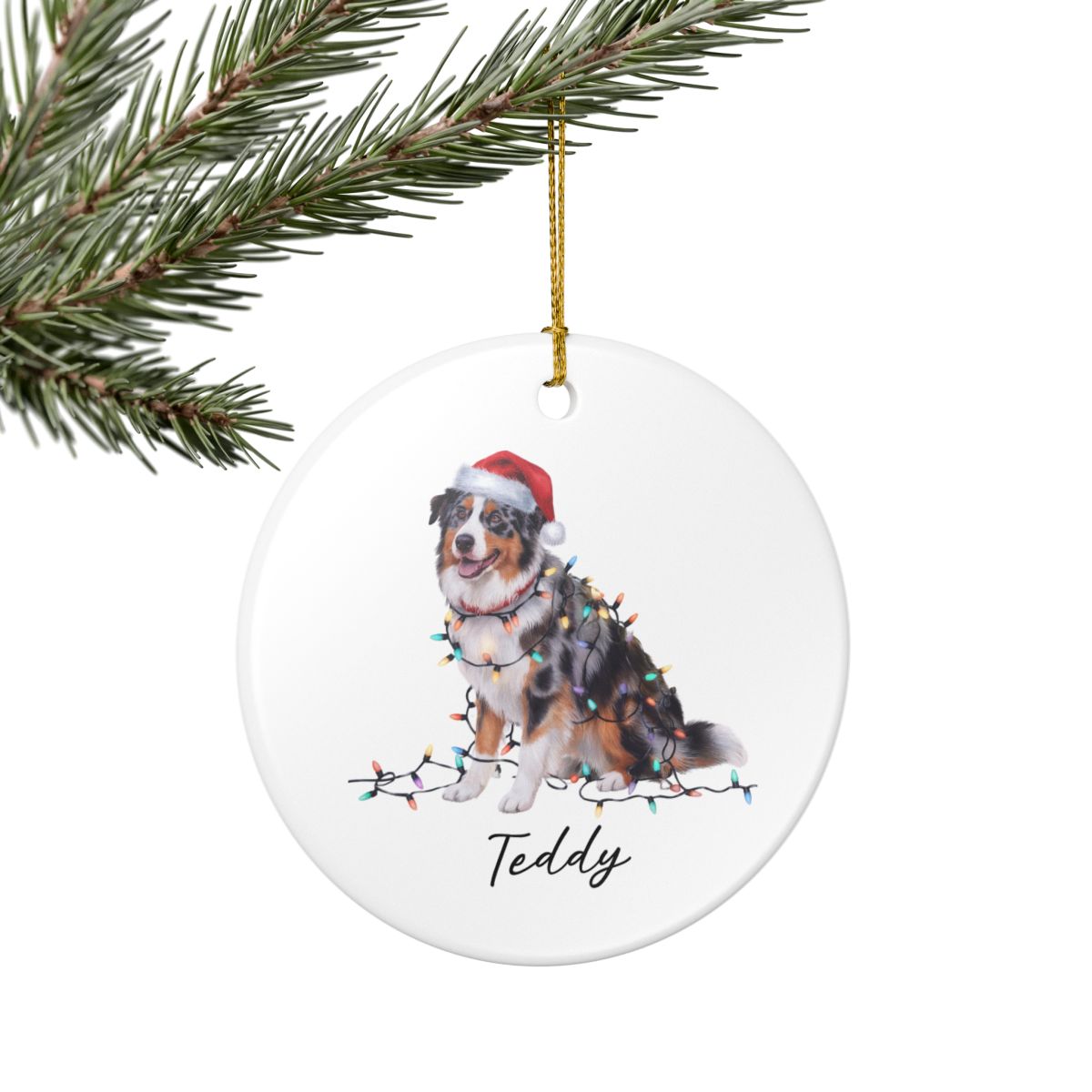 Personalized Australian Shepherd Christmas Ornament, Ceramic Dog Decor, Holiday Lights