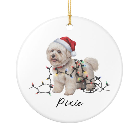 Personalized Bichon Frise Christmas Ornament, Ceramic Dog Santa Hat Lights Decoration