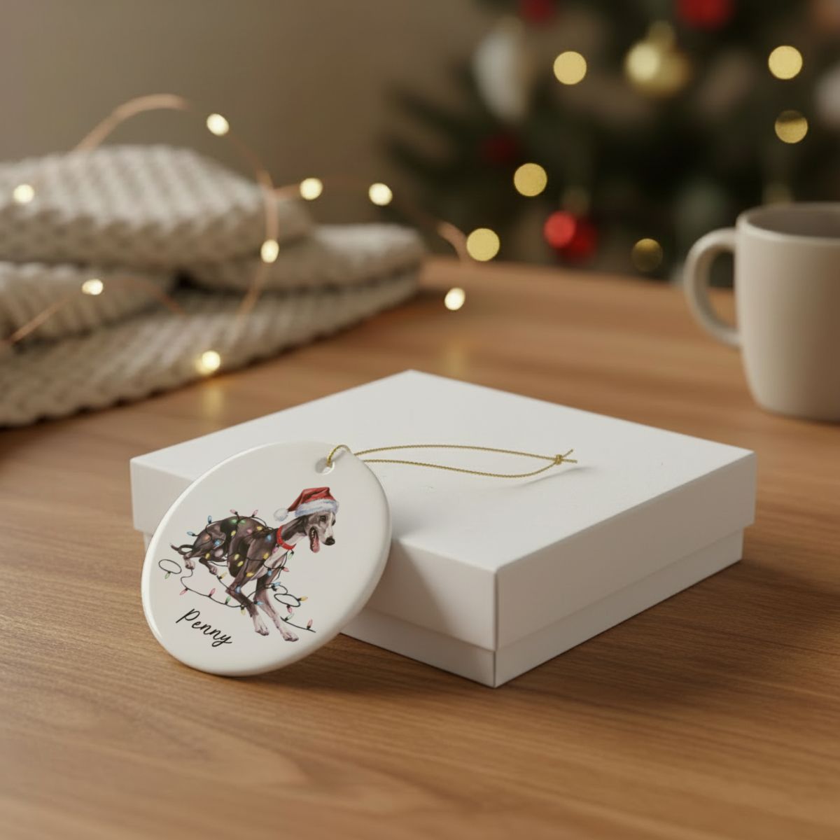 Personalized Greyhound Christmas Ornament, Ceramic Dog Lover Gift, Holiday Pet Keepsake