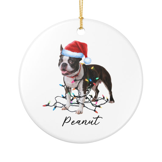 Personalized Boston Terrier Christmas Ornament, Ceramic Dog Lover Gift, Festive Lights Tree Decor