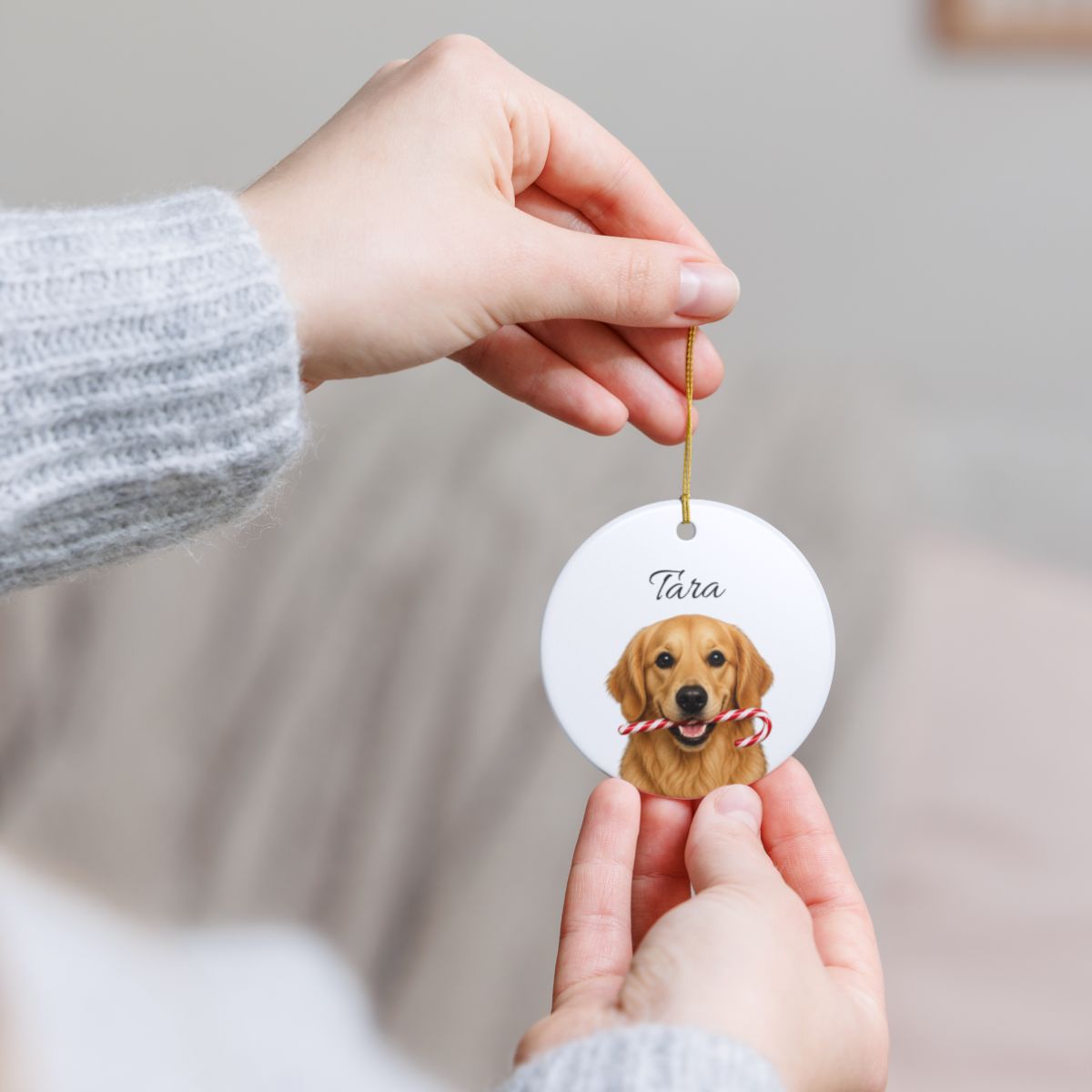 Personalized Golden Retriever Candy Cane Ornament