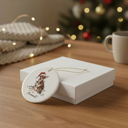Personalized Black Chihuahua Christmas Ornament, Santa Hat Lights Ceramic Keepsake