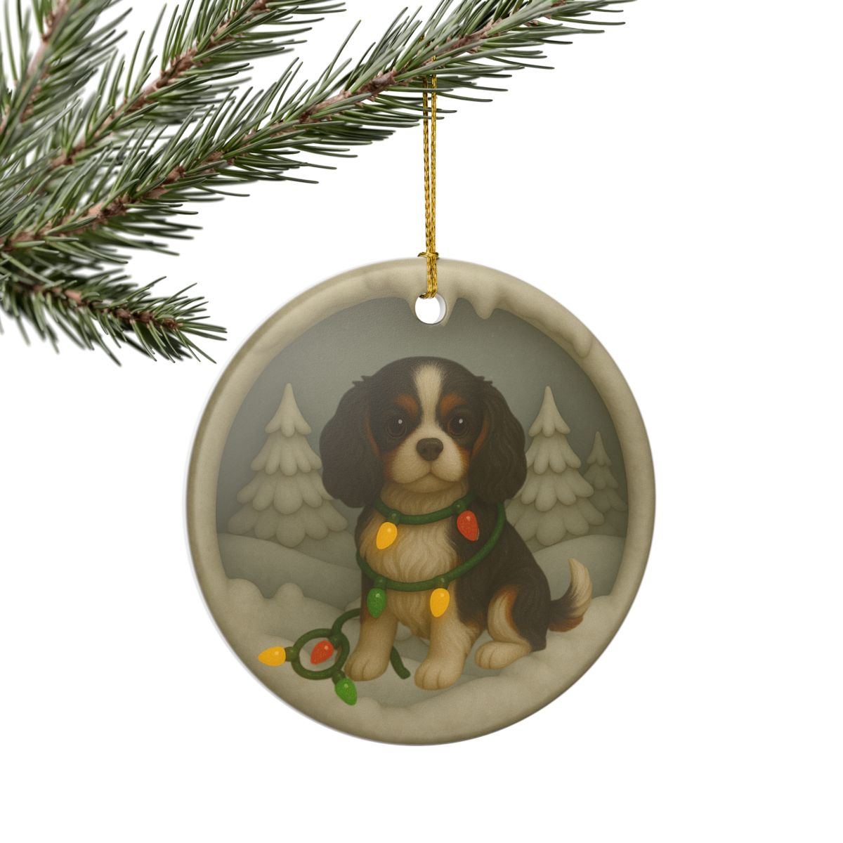 Personalized Tricolor Cavalier King Charles Spaniel Christmas Ornament, 3D Clay-Style Dog Keepsake with Lights