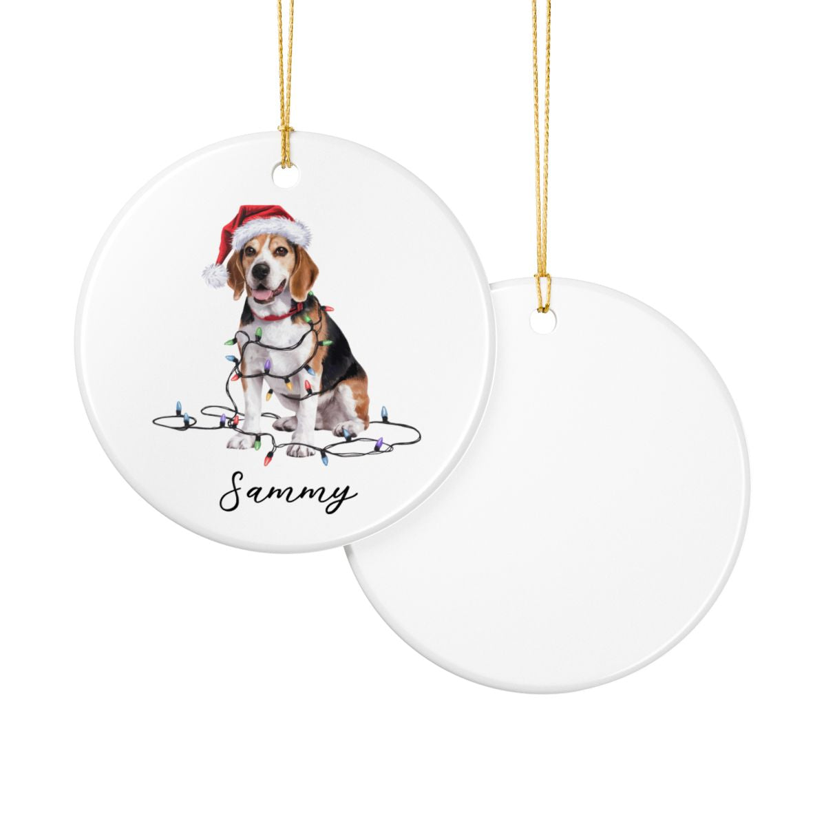 Personalized Beagle Christmas Ornament, Ceramic Dog Holiday Keepsake, Santa Hat Lights Beagle