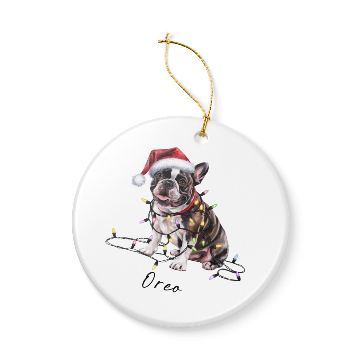 Personalized Black French Bulldog Ceramic Ornament, Dog Christmas Gift, Festive Lights Keepsake
