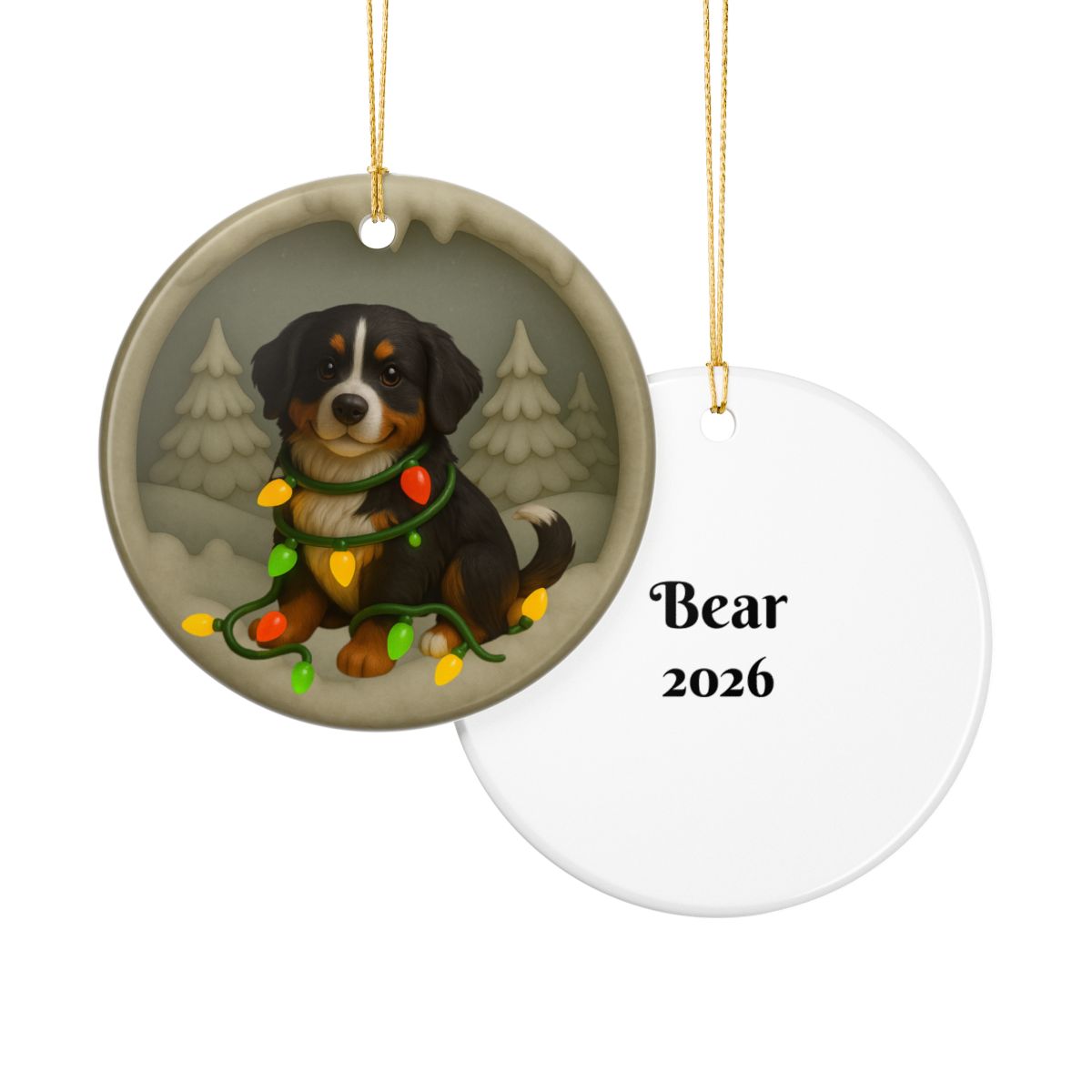 Personalized Bernese Mountain Dog Christmas Ornament, Custom Dog with Holiday Lights Keepsake