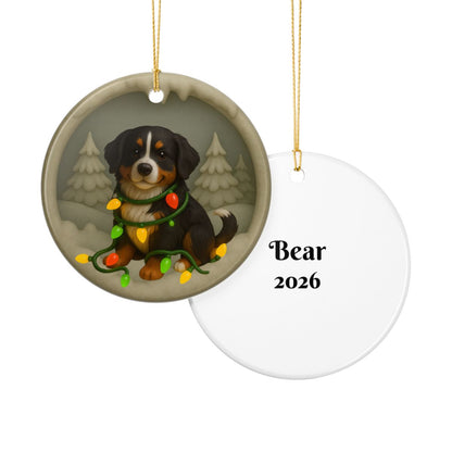 Personalized Bernese Mountain Dog Christmas Ornament, Custom Dog with Holiday Lights Keepsake
