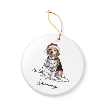 Personalized Beagle Christmas Ornament, Ceramic Dog Holiday Keepsake, Santa Hat Lights Beagle